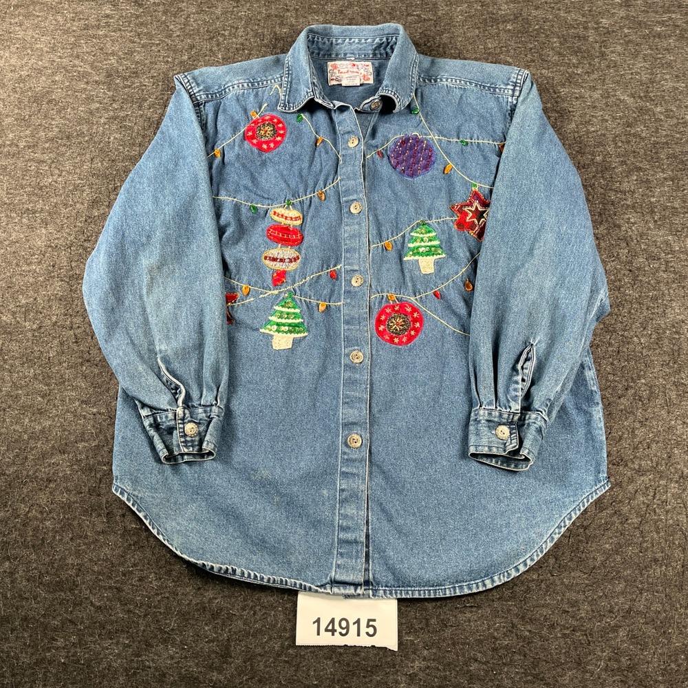 VTG Tantrums Shirt Womens Medium Blue Denim Cotton Christmas Embroidered